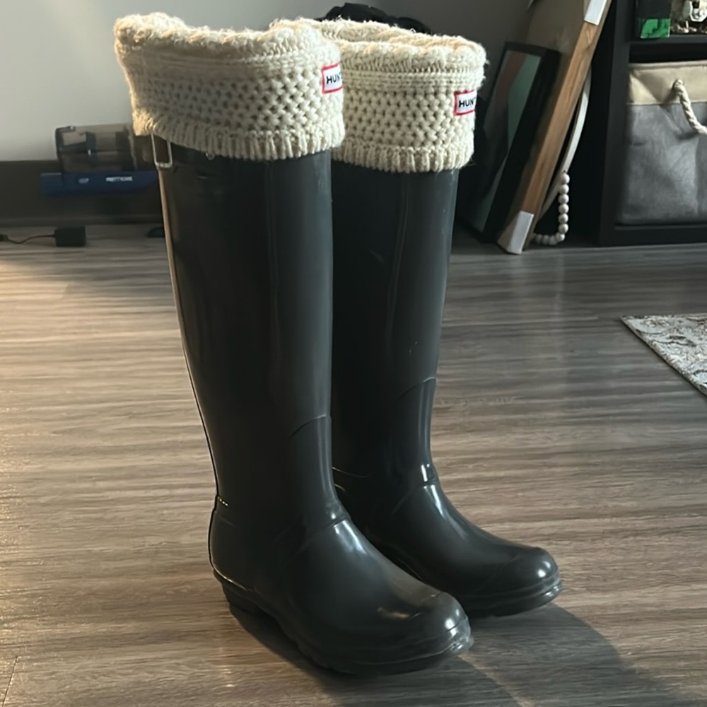 Hunter Tall Gray Rain Boots with Cream Liner